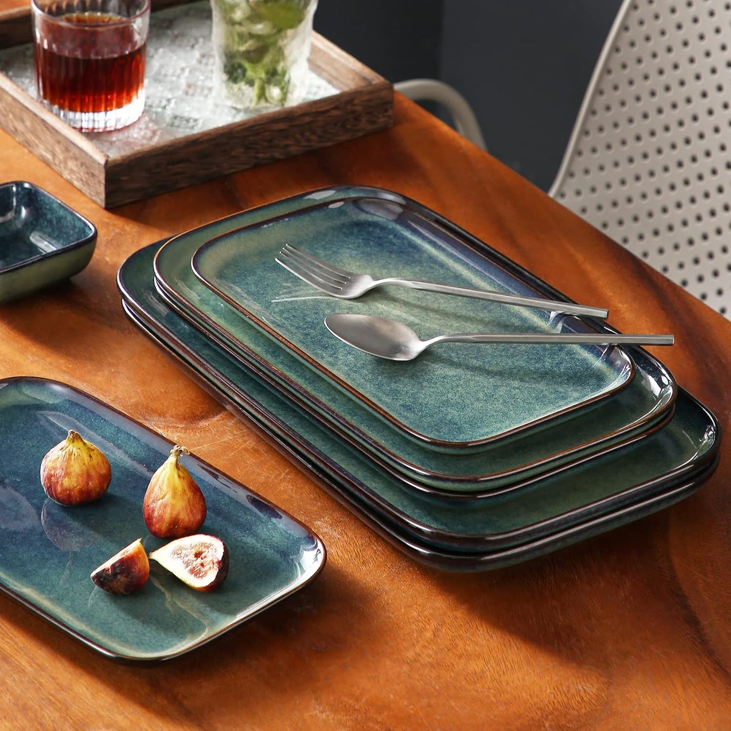 vancasso Stern Serving Platters Set of 3, 15/13/ 11 Inches Rectangular Serving Plates, Blue Serving Trays for Entertaining, Party