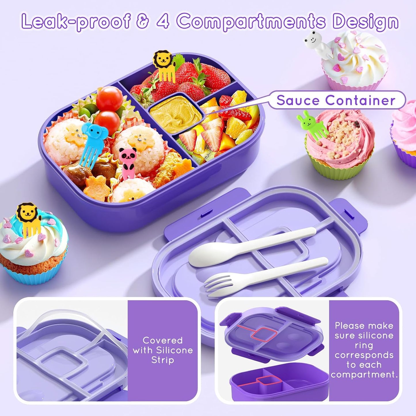 Lunch Box Kid Adult Bento Box, 4-Compartment Food Lunch Containers with Fork & Spoon, BPA Free, Leak-Proof Bento-Style Lunch Box for Work School, Microwave & Dishwasher Safe (Candy)