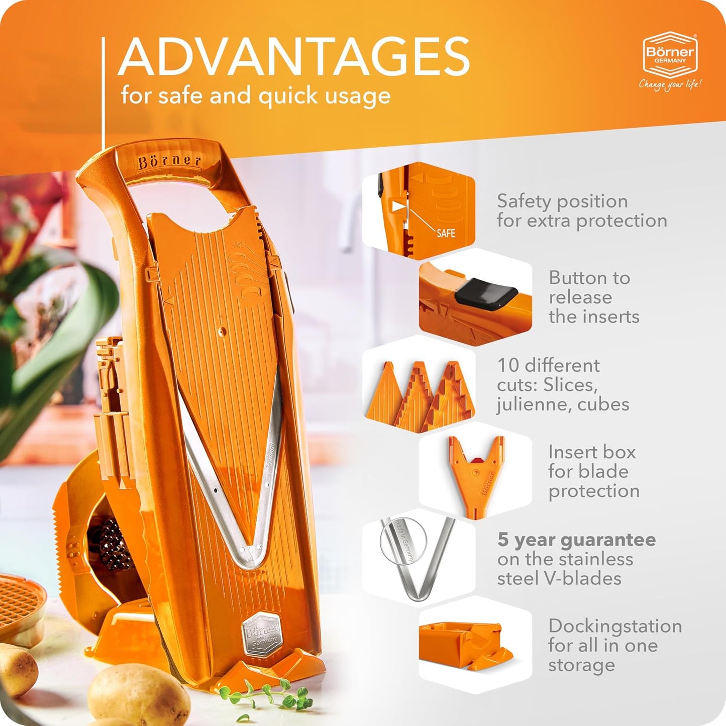Mandoline Food Slicer Börner V5 (Profi Set) by Reston Lloyd • V-Slicer with 4 Inserts, Docking Station & Food Holder • Made in Germany • Fruit & Vegetable Chopper • Multiple Settings • Color: Purple