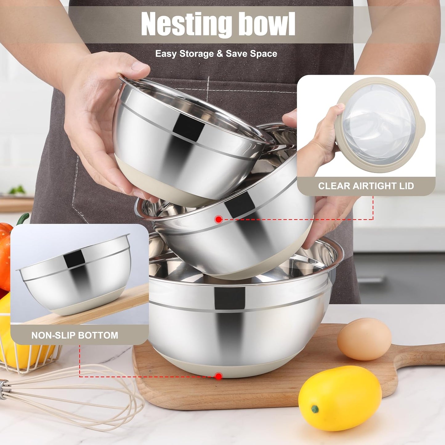 E-far Mixing Bowls with Lids Set, 15PCS Stainless Steel Mixing Nesting Bowl with Colander & 3 Metal Grater for Kitchen Prep/Baking/Storage, Non-Slip Bottom & Airtight Lid, 4.6, 3, 1.5, 1, 0.7QT, Black