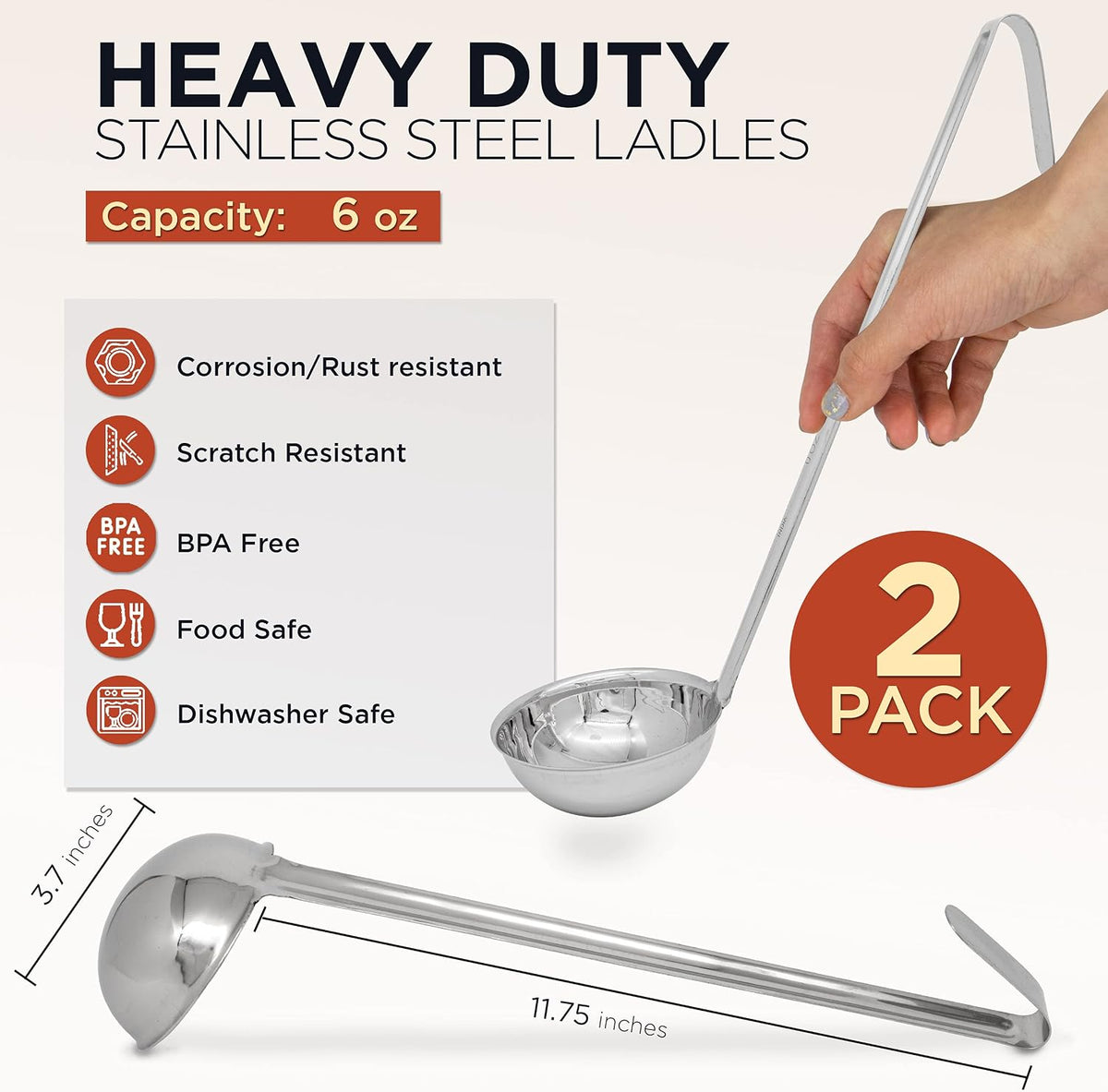 Fit Meal Prep [2 Pack] 2 oz Stainless Steel Soup Ladle, One-Piece Sauce Spatula with Hook Handles, Commercial Grade Serving Spoon, Kitchen Tool for Restaurant or Home Cooking, Mirror Finish, 12" Long
