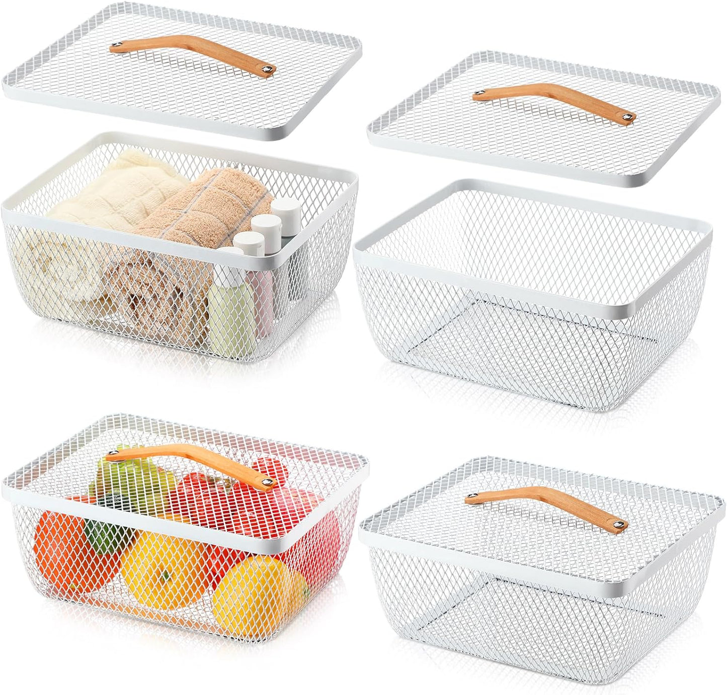Tandefio 4 Pcs Metal Mesh Basket with Lid and Wooden Handle 9.65 x 7.68 Inch Wire Storage Basket Garden Baskets Organizer Containers for Vegetable Fruit Picnic Kitchen Bathroom (White)