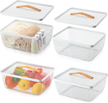 Tandefio 4 Pcs Metal Mesh Basket with Lid and Wooden Handle 9.65 x 7.68 Inch Wire Storage Basket Garden Baskets Organizer Containers for Vegetable Fruit Picnic Kitchen Bathroom (White)