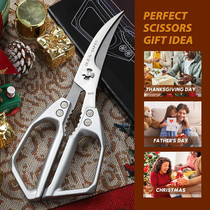 HUUSK Kitchen Scissors All Purpose - Stainless Steel Kitchen Shear, Sharp Silver Meat Scissors Dishwasher Safe, Heavy Duty Poultry Shears, Japanese Cooking Scissor for Food, Christmas Gifts for Women