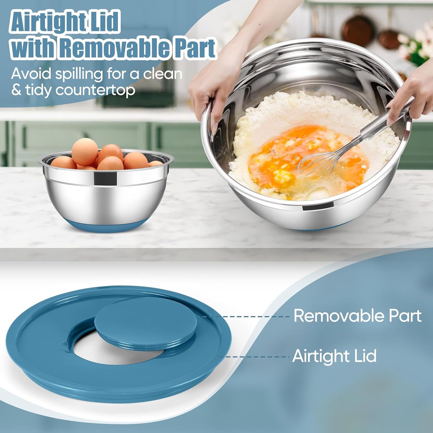 E-far Stainless Steel Mixing Bowls with Lids Set, 5-Piece Nesting Salad Bowls with 3 Grater Attachments and Non-Slip Bottoms, Size 4.6, 2.6, 2, 1.5, 1QT for Kitchen (Khaki)