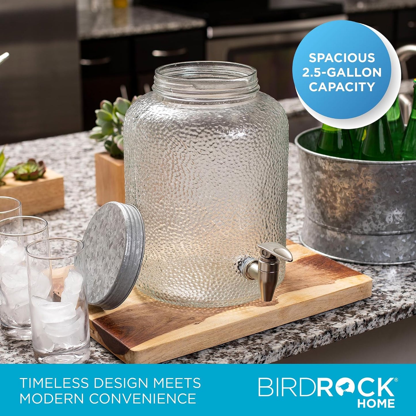 BIRDROCK HOME 2.5 Gallon Pebbled Glass Beverage Dispenser w/Galvanized Stand - Spigot - Large Jar for Water, Lemonade, Sangria, Iced Tea, Punch, Cocktail Drinks - Mason Style Jug for Parties