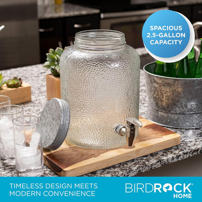 BIRDROCK HOME 2.5 Gallon Pebbled Glass Beverage Dispenser w/Galvanized Stand - Spigot - Large Jar for Water, Lemonade, Sangria, Iced Tea, Punch, Cocktail Drinks - Mason Style Jug for Parties