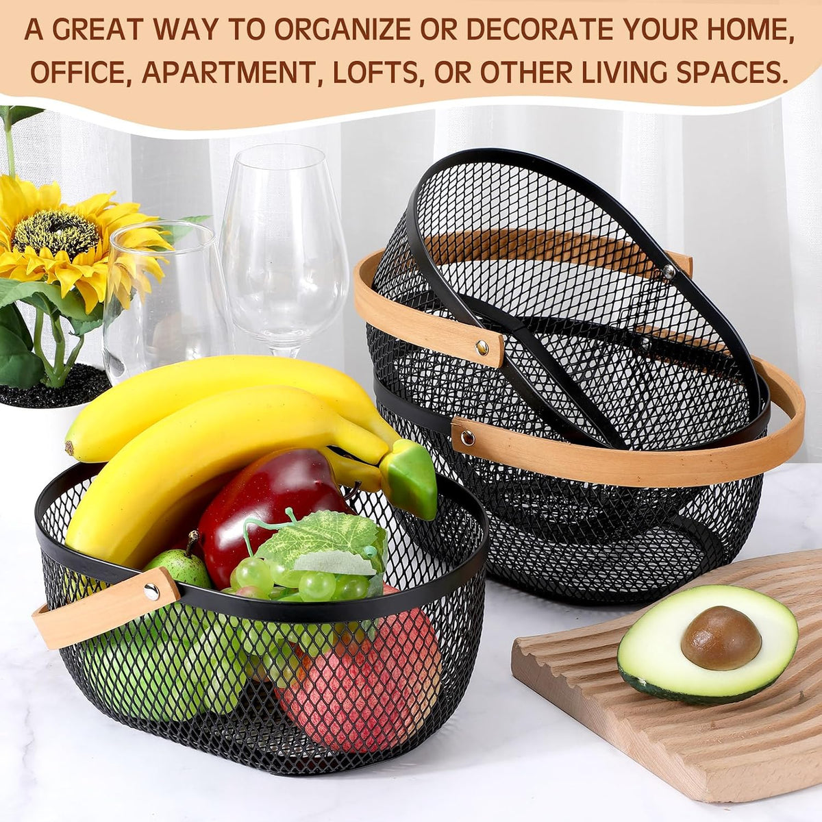 Maxcheck 4 Pcs Oval Metal Wire Storage Basket with Handle for Gathering Vegetables Multi Functional Mesh Basket for Kitchen Bathroom Picnic Home, 10.24 x 7.68 Inch(White)