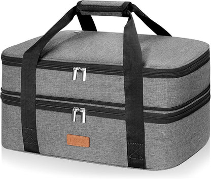 LHZK Double Decker Insulated Casserole Carrier for Hot or Cold Food, Expandable Hot Food Carrier, Lasagna Holder Tote for Potluck Parties, Picnic, Beach, Fits 11 x 15 or 9 x 13 Baking Dish (Black)