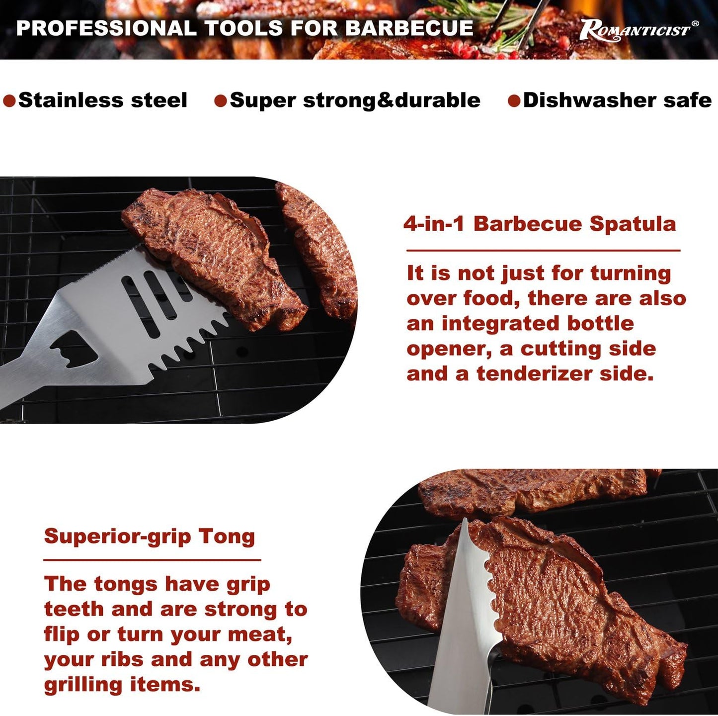 ROMANTICIST 20pcs Heavy Duty BBQ Grill Tool Set in Case - The Very Best Grill Gift for Father's Day and Christmas - Professional BBQ Accessories Set for Outdoor Cooking Camping Grilling Smoking