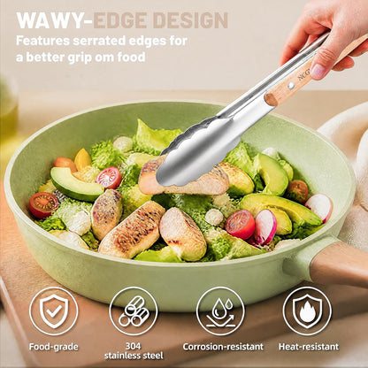 9+12 inch Stainless Steel Kitchen Tongs for cooking with Wood Handle, Set of 2