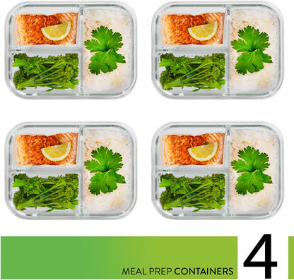 PrepNaturals 5 Pack 30 Oz Glass Meal Prep Containers - Dishwasher Microwave Freezer Oven Safe - Glass Storage Containers with Lids (Multi-Compartment)