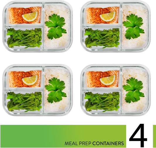 PrepNaturals 5 Pack 30 Oz Glass Meal Prep Containers - Dishwasher Microwave Freezer Oven Safe - Glass Storage Containers with Lids (Multi-Compartment)