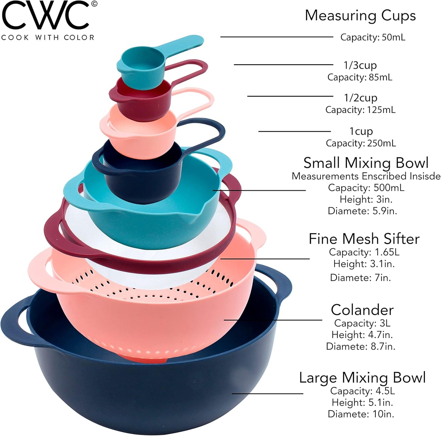 COOK WITH COLOR Nesting Bowls with Measuring Cups Colander and Sifter Set - Includes Mixing Bowls, Colander, Sifter and Measuring Cups, Navy, 8 Pc Bowl