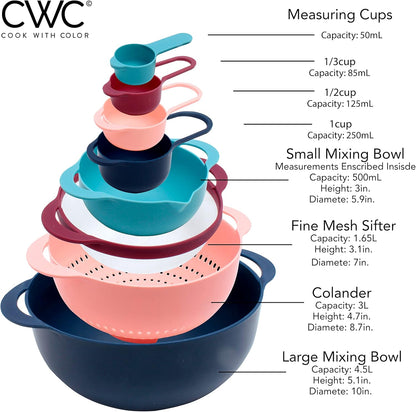 COOK WITH COLOR Nesting Bowls with Measuring Cups Colander and Sifter Set - Includes Mixing Bowls, Colander, Sifter and Measuring Cups, Navy, 8 Pc Bowl