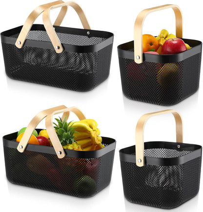 Sadnyy 4 Pcs Plastic Mesh Garden Harvest Basket Storage Basket with Wooden Handle Multi Functional Mesh Bin for Kitchen Cabinet Picnic Fruit Vegetable Gathering Organizer(Large,White)