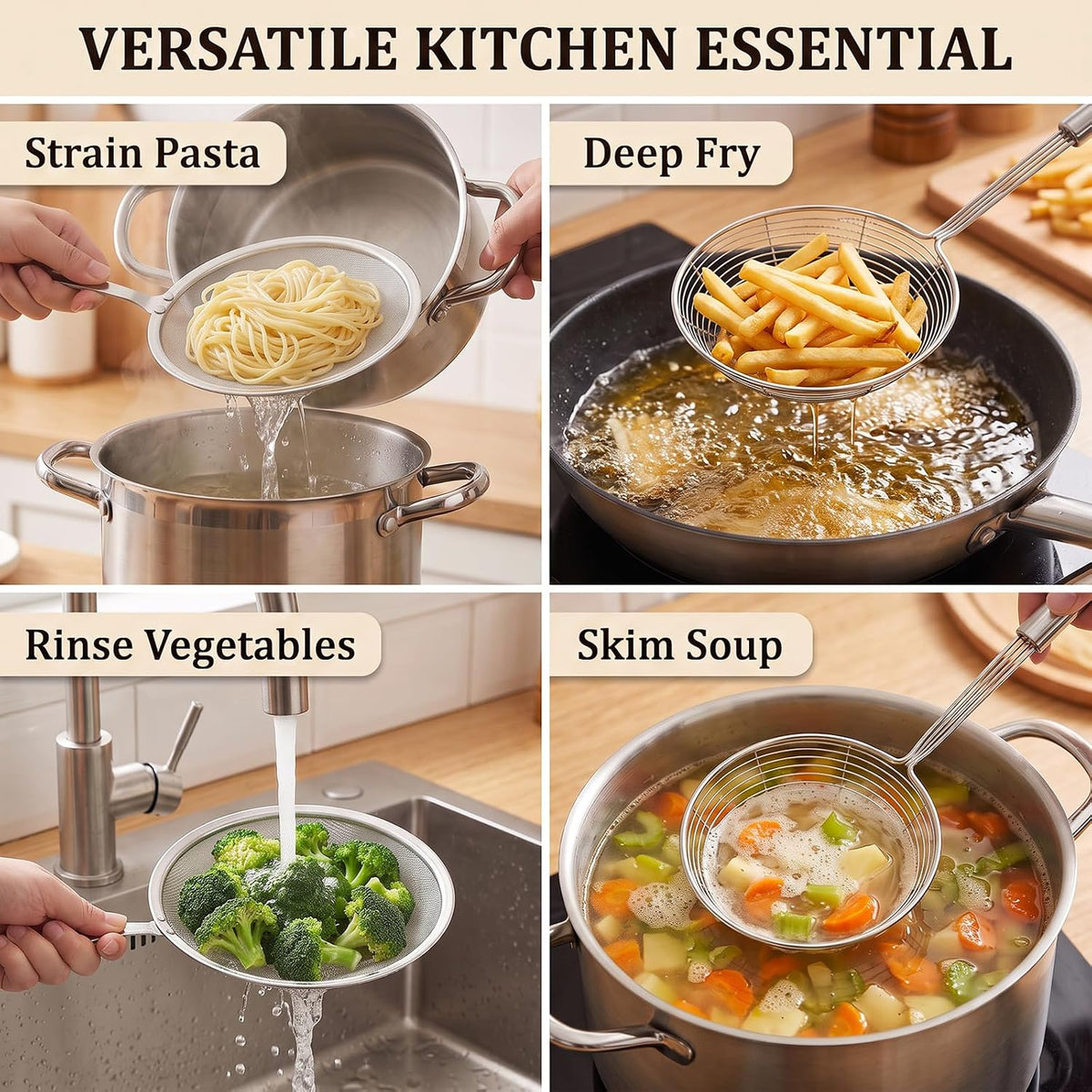 2PCS Stainless Steel Spider Strainer Set, Wire Mesh Skimmer Spoon for Frying, Noodles, Dumplings, Hot Pot & Soup