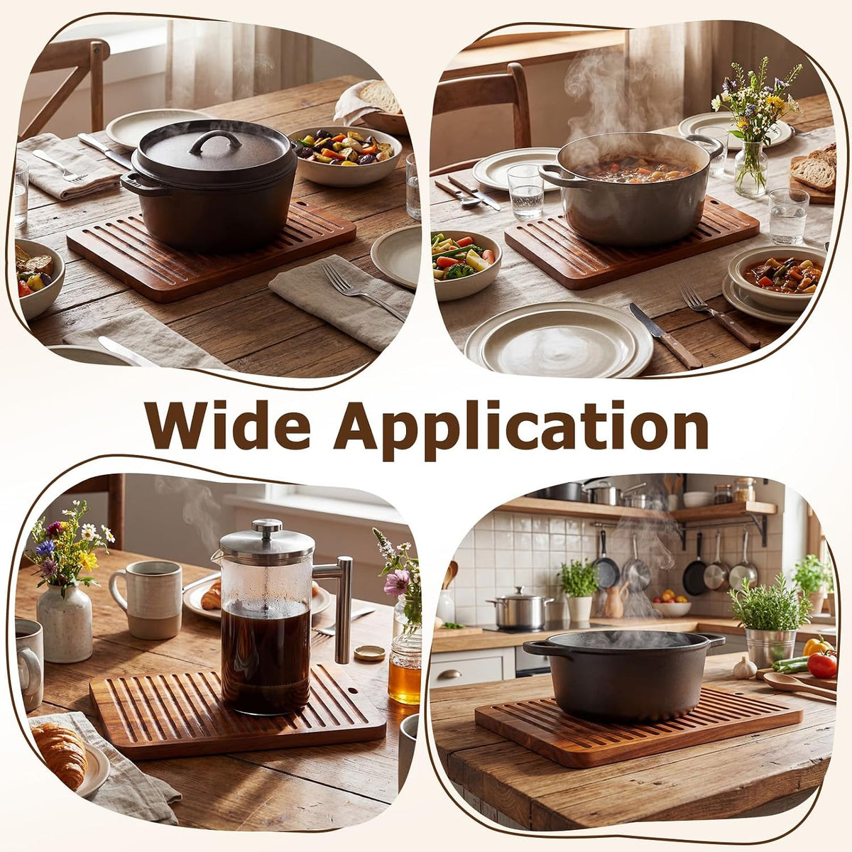 12 x 9 Inches Acacia Wood Trivet Mat Thicken Wooden Hot Pads Trivets Heat Resistant Non Slip Pads for Table Countertop Hot Dishes Holder Pot Bowl Teapot Kitchen Counter Protector