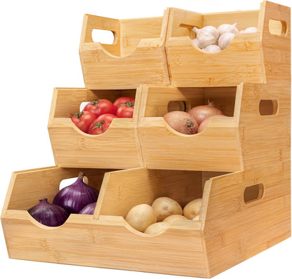 HOMESTEAD 3-Tier Bamboo Pantry Storage Bins – Stackable Potato & Onion Storage Bin with Handles, Fruit Basket & Produce Organizer for Kitchen Countertop, Pantry Organization, Set of 5