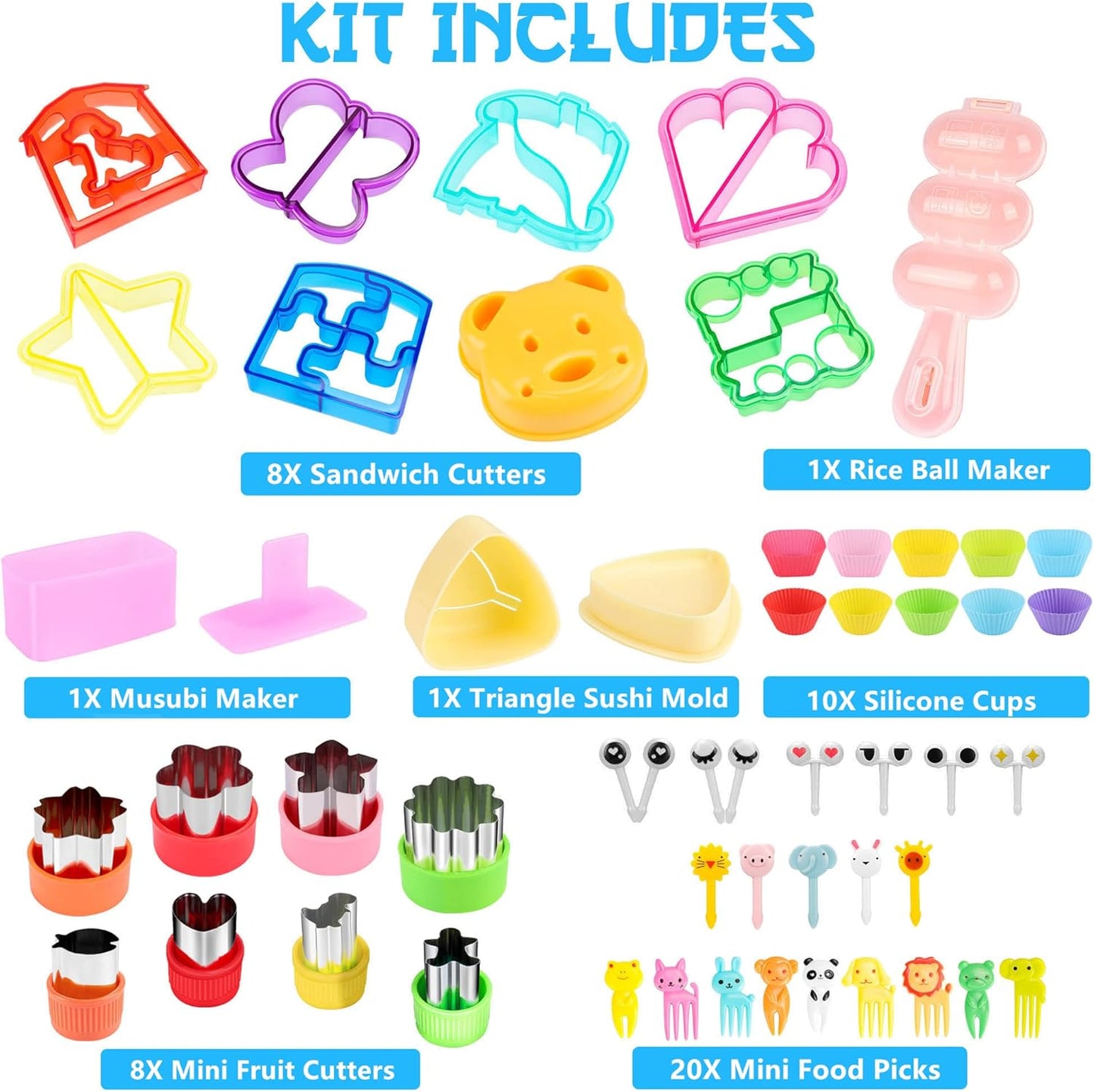 FUNGYAND Sandwich Cutter Set, 52 in 1 Bento Box Accessories Kit Includes Sandwich Cutters, Fruit Cutter, Food Picks, Silicone Cups, Musubi Maker, Rice Ball Maker, Complete Bento Lunch Box Supplies
