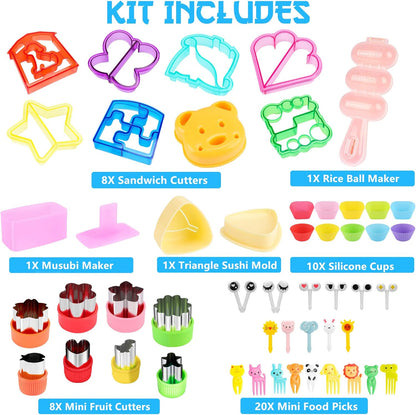FUNGYAND Sandwich Cutter Set, 52 in 1 Bento Box Accessories Kit Includes Sandwich Cutters, Fruit Cutter, Food Picks, Silicone Cups, Musubi Maker, Rice Ball Maker, Complete Bento Lunch Box Supplies