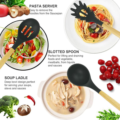 12 pcs Silicone Cooking Utensils Kitchen Utensil Set with Holder Heat Resistant Silicone Spatula Turner Set Wooden Spoons Kitchen Gadgets Tools Cooking Utensils for Nonstick Cookware (White)