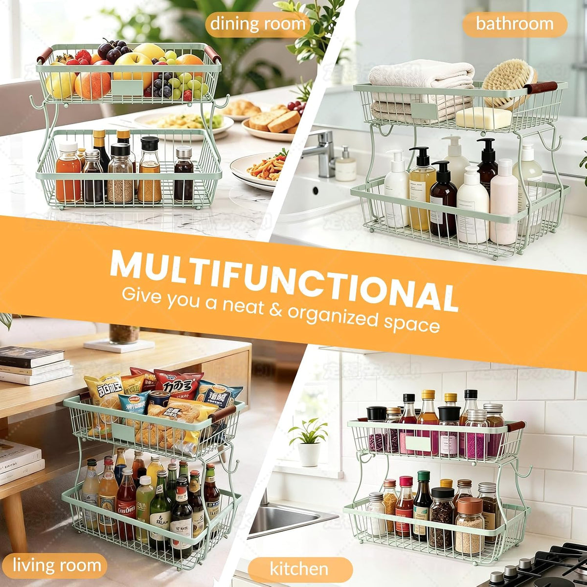 2-Tier Stackable Wire Basket with 2 Banana Hooks, Pantry Organizer for Kitchen Countertops, Cabinets & Under-Sink Spaces; Ideal for Storing Snacks, Fruits, Veggies, Onions, Potatoes, & More,Black