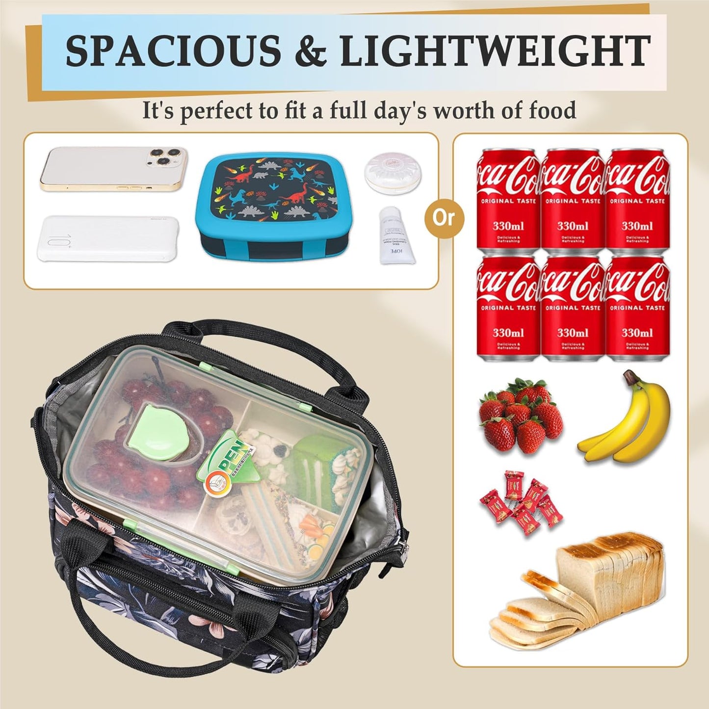 TuErCao Small Lunch Bag Lightweight Insulated Lunch Box for Women Work Portable Soft Cooler for Picnic Travel Road Trips, Loncheras para Mujer, Black
