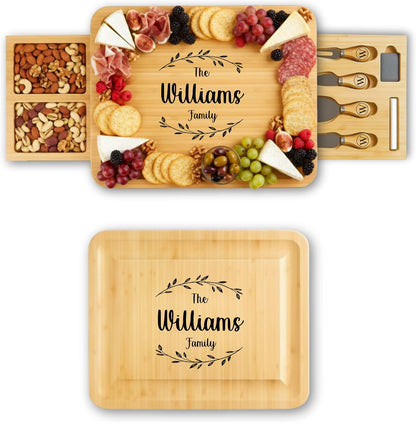 Personalized Charcuterie Board Set with Two Drawers, Custom Engraved Bamboo Cheese Board, Christmas, Wedding and Housewarming Gift for Couples, Anniversary and Bridal Shower