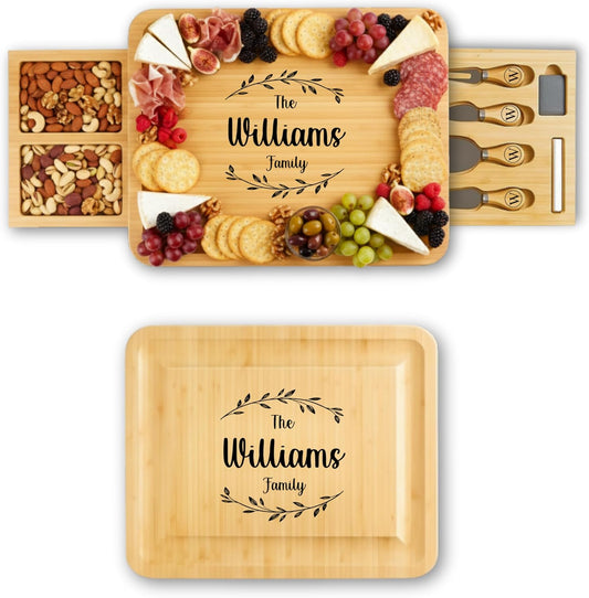 Personalized Charcuterie Board Set with Two Drawers, Custom Engraved Bamboo Cheese Board, Christmas, Wedding and Housewarming Gift for Couples, Anniversary and Bridal Shower