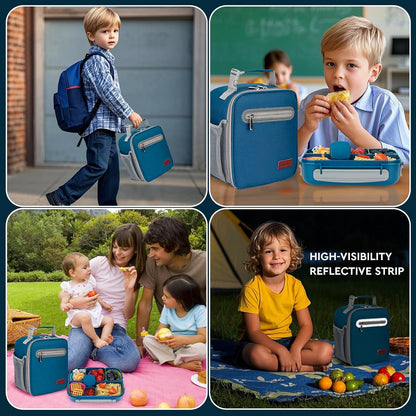 MaMix Bento Lunch Box for Kids, Lunchable Containers for Kids Adults with 4 Compartments + Lunch Bag, with Utensils, Sauce Jar, Muffin Liners (blue set)