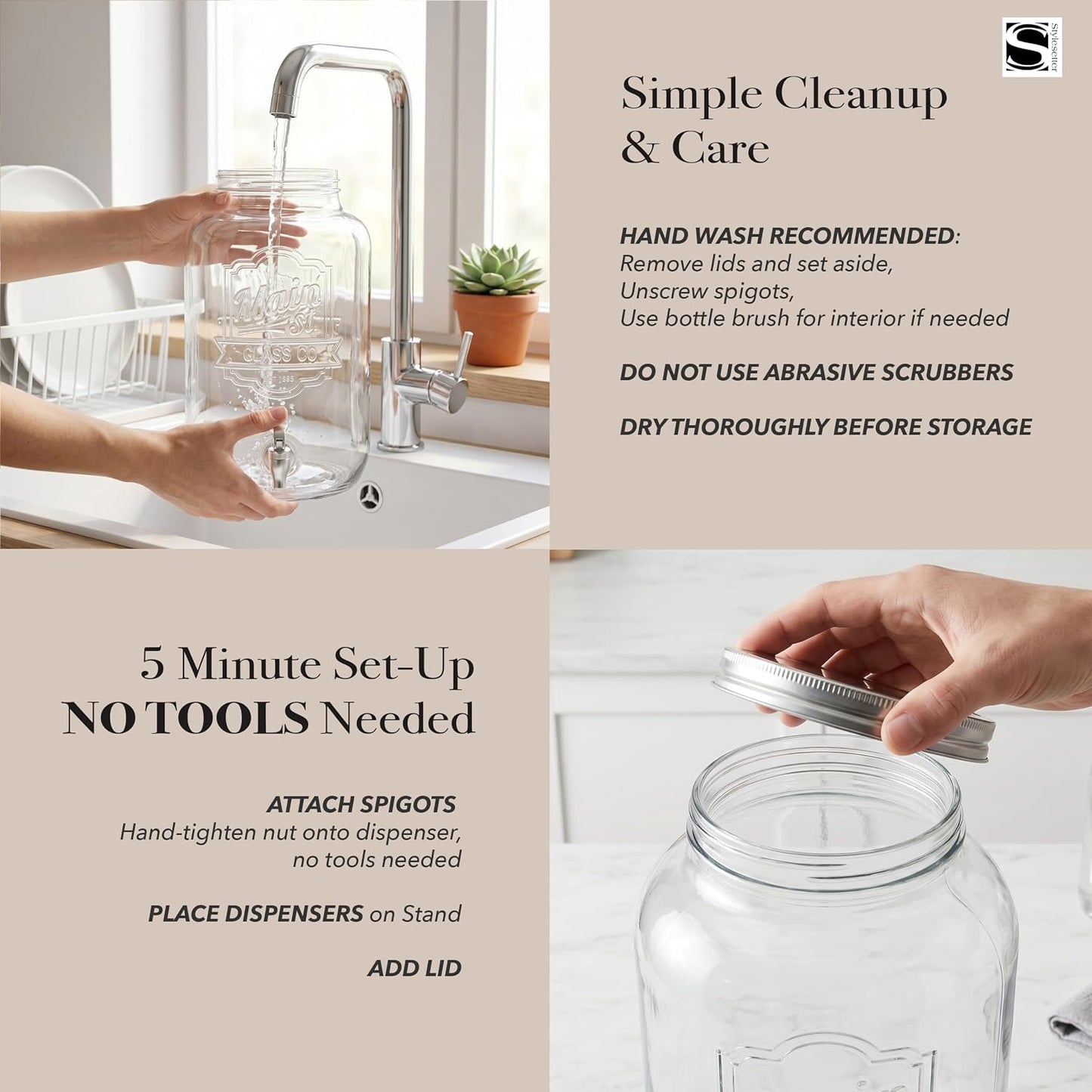 Style Setter Beverage Dispenser Cold Drink Dispenser Glass Jug, Metal Stand & Leak-Proof Acrylic Spigot Great for Parties, Weddings & More (With Metal Rack)