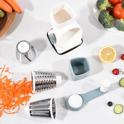 Rotary Cheese Grater with Handle Kitchen Shredder Slicer Grater Slicer Ice Shaver Cheese Vegetable Nuts Potato Zucchini Chocolate 3 Interchangeable Blades (GreyBlue