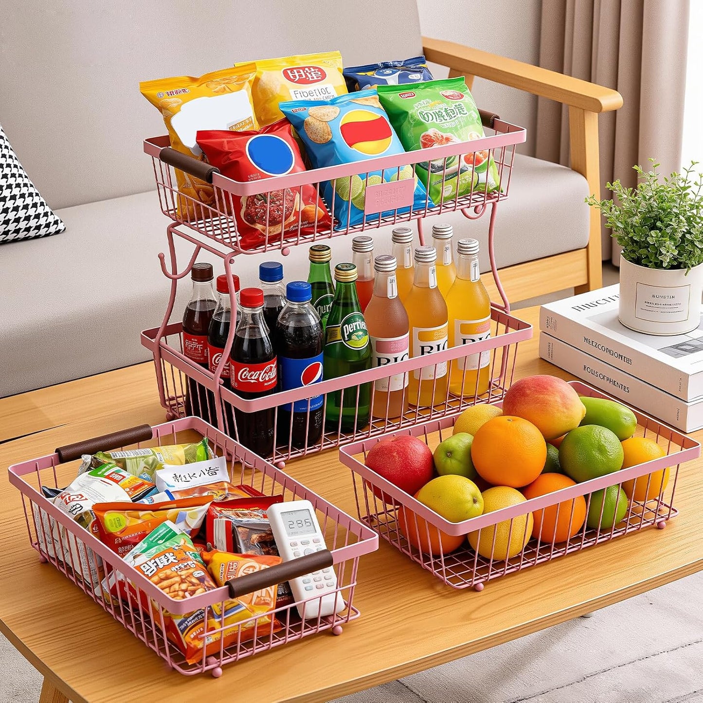 2-Tier Stackable Wire Basket with 2 Banana Hooks, Pantry Organizer for Kitchen Countertops, Cabinets & Under-Sink Spaces; Ideal for Storing Snacks, Fruits, Veggies, Onions, Potatoes, & More,Black