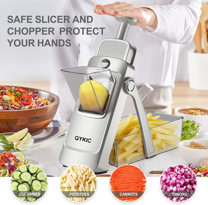 8 in 1 Mandoline Slicer for Kitchen, Vegetable Chopper, Potato Slicer, Fry Cutter Onion Chopper with Drain Basket Food Container with Lid, Stainless Steel Cheese Grater for Quick Meal Pre (Black)