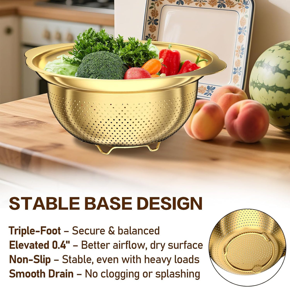 Stainless Steel Colander for Kitchen, Strainers and Colanders, 5-3-2 Qt