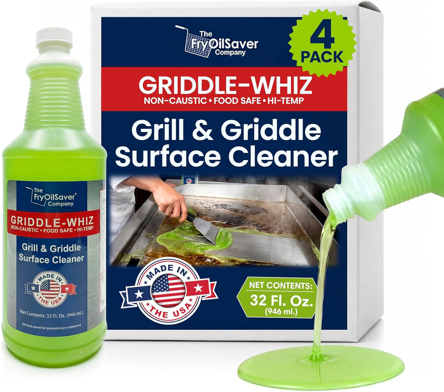 Griddle-Whiz Grill & Griddle Cleaner | Removes Grease, Food Residue, Burnt On Organics | Non-Toxic High Heat Flat Top Grill Cleaner & Food Contact Surface | Non-Caustic Formula by FryOilSaver (32oz)