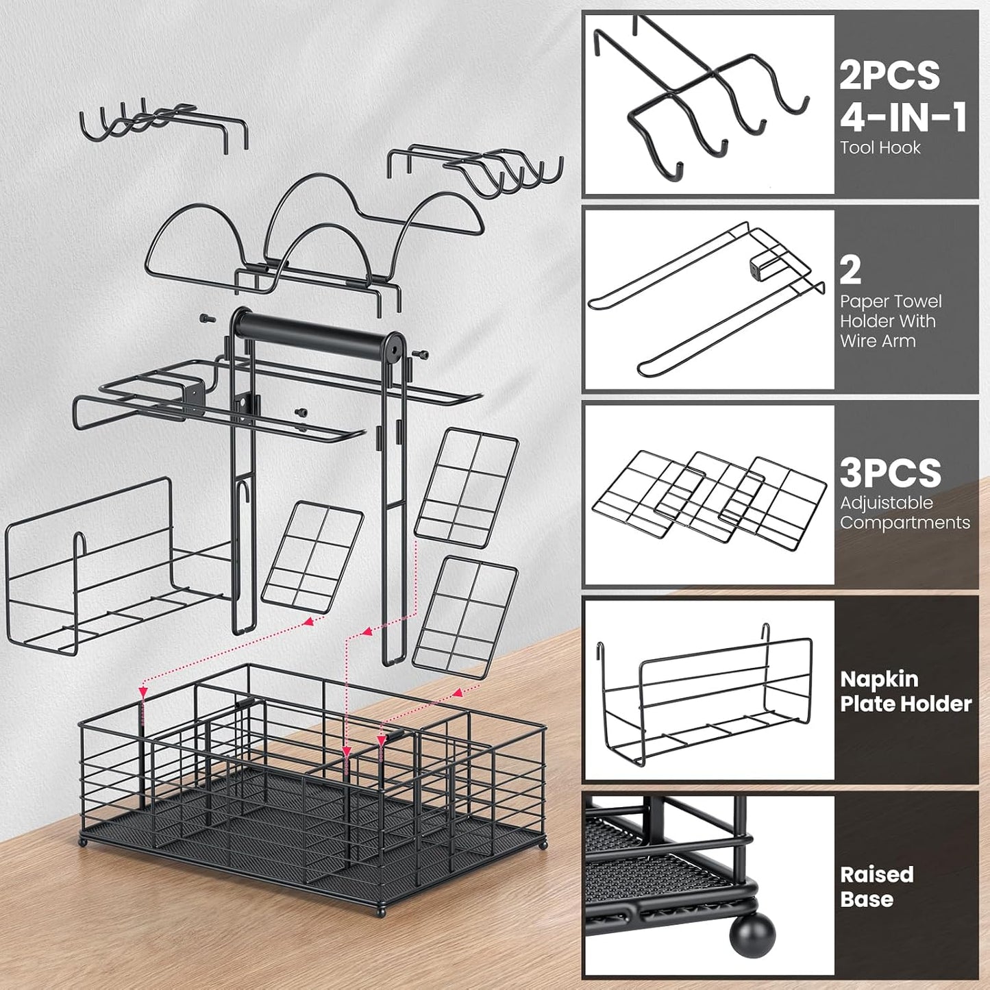 Grill Caddy for Outdoor Grill with 2 Paper Towel Holders,Barbecue Tool Sets Storage Organizer,BBQ Caddy for Outdoor Grill with 9 Compartments & 8 Hooks,Picnic Caddy Grilling Gifts for Men