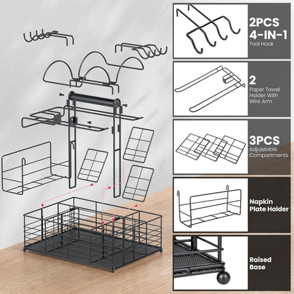 Grill Caddy for Outdoor Grill with 2 Paper Towel Holders,Barbecue Tool Sets Storage Organizer,BBQ Caddy for Outdoor Grill with 9 Compartments & 8 Hooks,Picnic Caddy Grilling Gifts for Men