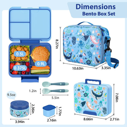 Kids Bento Lunch Box Set with 9.5oz Soup Thermo, Leak-Proof Lunch Food Containers with 3 Compartment and Removable Inner Tray, Insulated Hot Food Jar with Lunch Bag for School, Office, Sea Blue