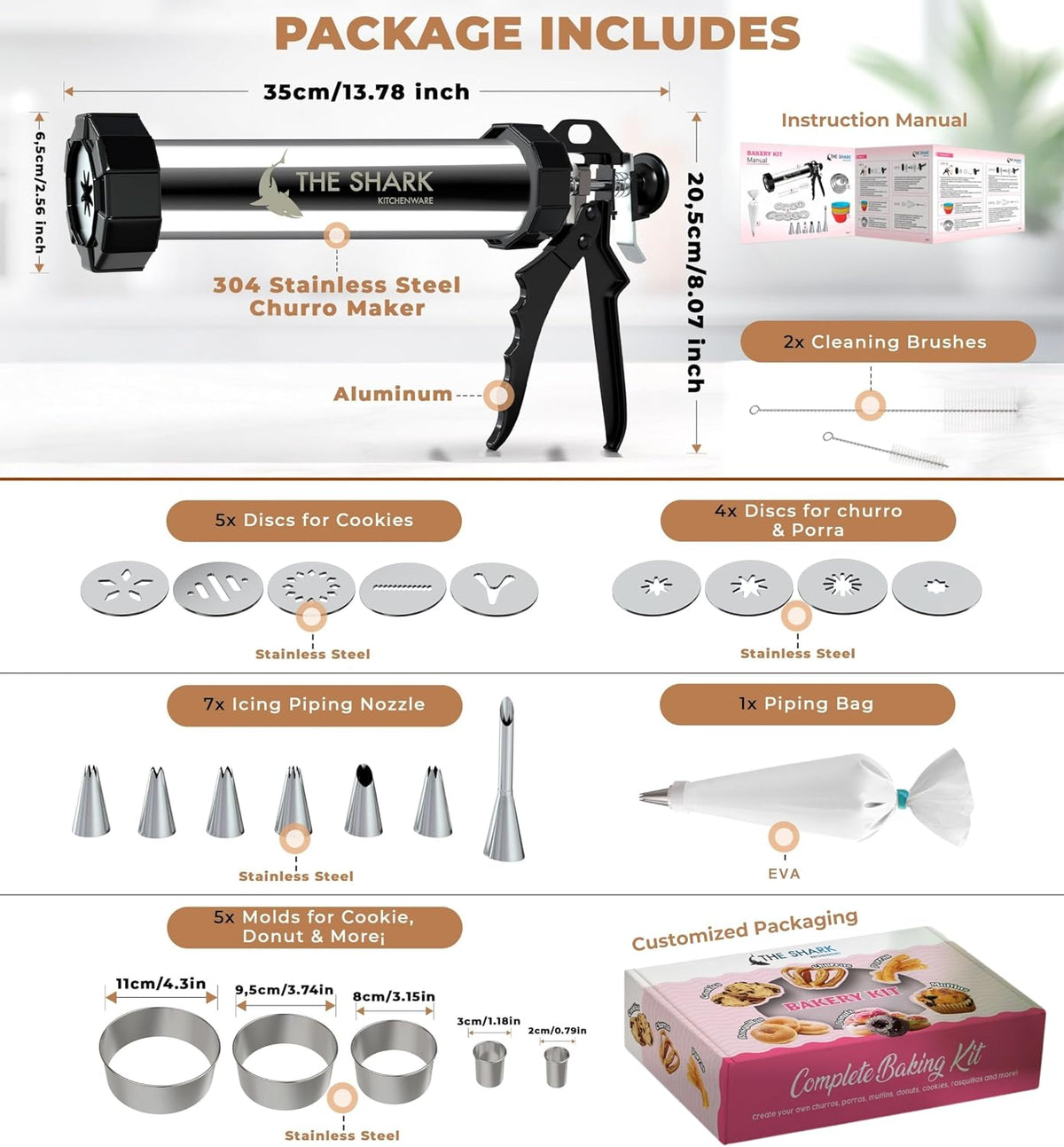 Churro Maker Machine & Spritz Cookie Press Gun Kit – 304 Stainless Steel