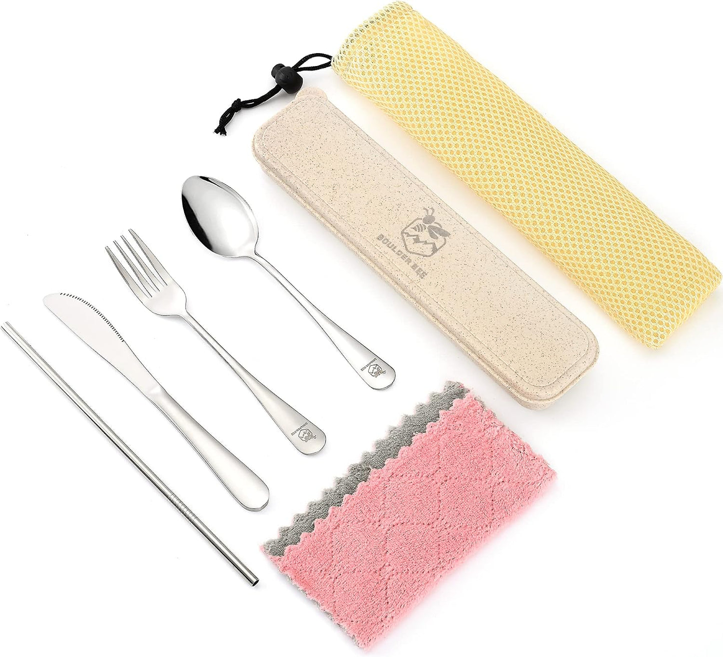 Boulder Bee | Travel Utensils Set | Reusable Camping Cutlery Set | Stainless Steel Flatware Set | Portable Silverware Set with Case | Includes Knife/Fork/Spoon/Straw/Cleaning Cloth/Case (Purple)