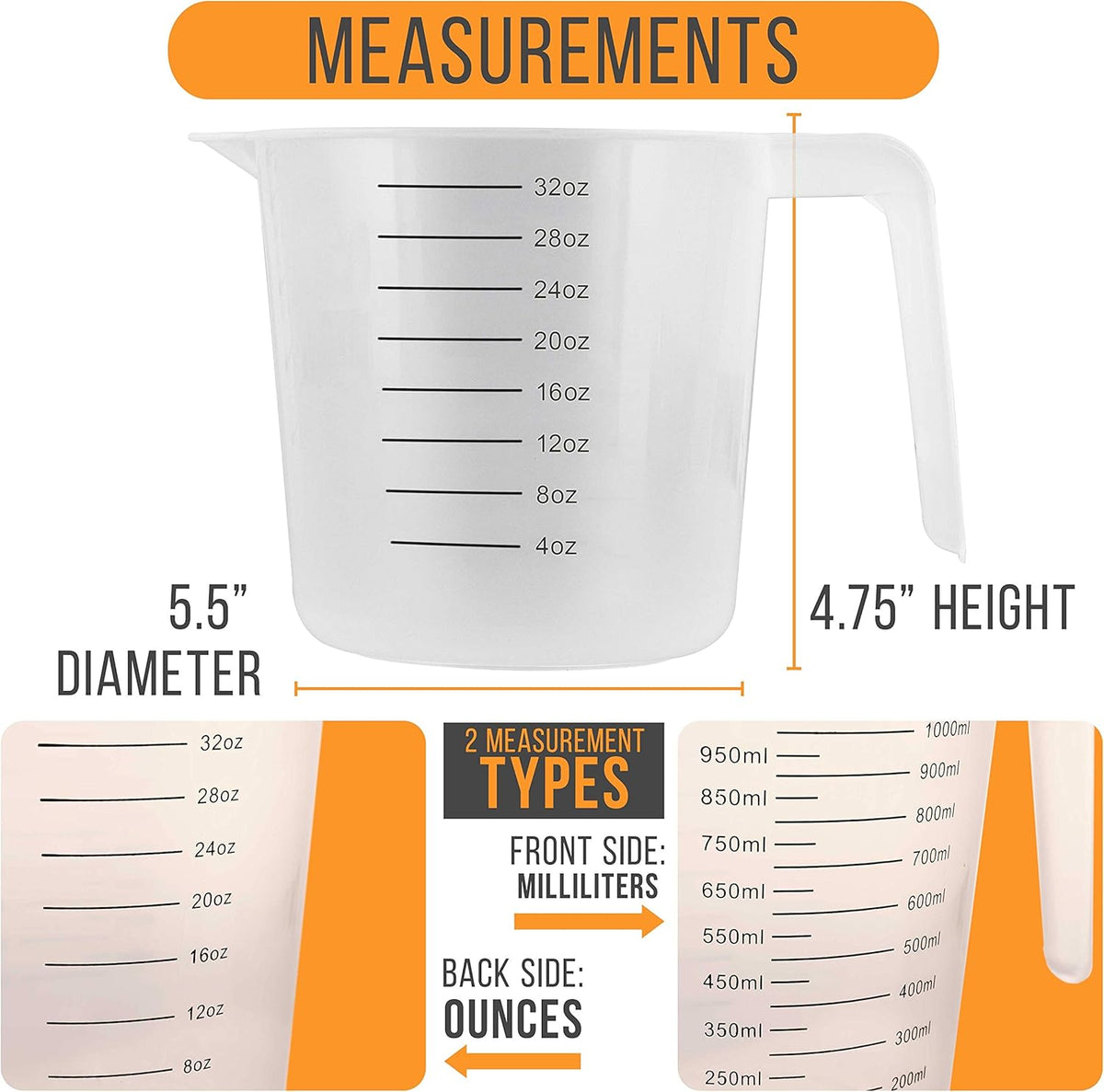 U.S. Kitchen Supply Plastic Measuring Cups with Handles - 16 oz (500 ml)