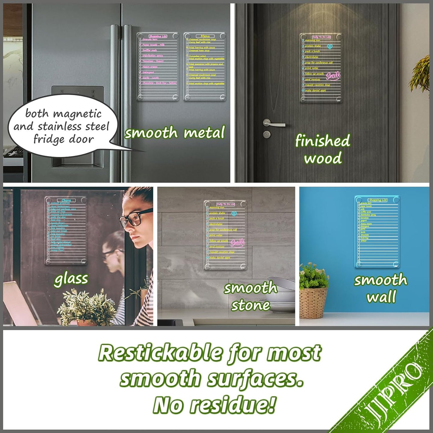 JJPRO Non-Magnetic Clear Weekly Planner & to Do List for Fridge, 8.5"x13" Dry Erase to Do List WhiteBoard,Reuasble Weekly Calendar for Refrigerator,Cabinet,Wall&Glass, All Smooth Surfaces