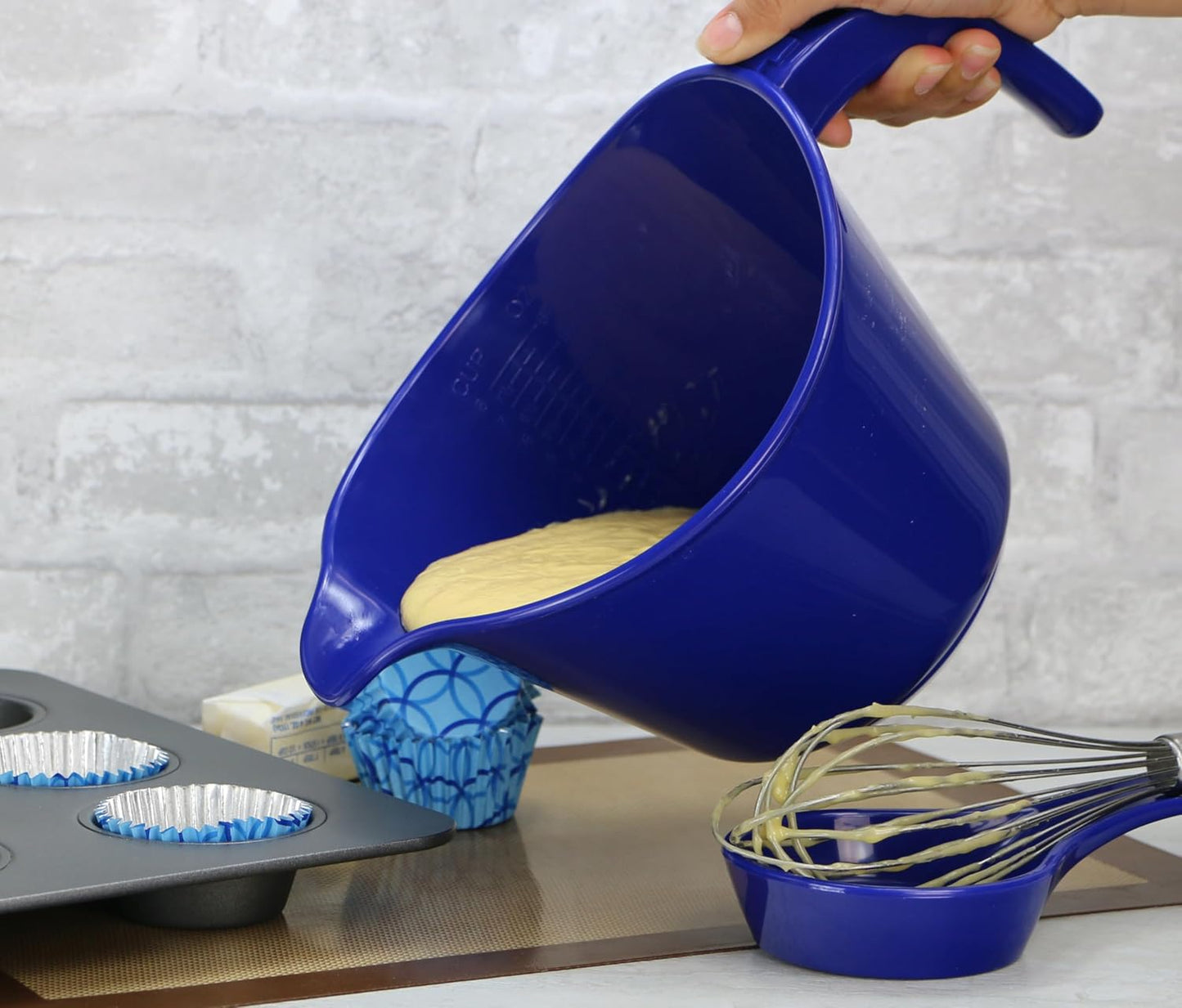 Batter Bowl With Pour Spout, Non-Slip Base,Space Saving Detachable Handle with Lid, Mixing with Measuring Spoons and Cups 2 QT Heavy Duty BPA-Free Microwave & Dishwasher Safe (Turquoise)