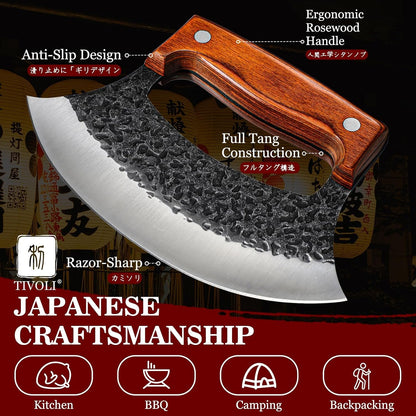 TIVOLI Ulu Knife with Wooden Stand – Mezzaluna Rocker Knife - Pizza Cutter