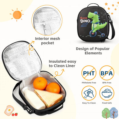 Reusable Insulated Lunch Bag for Kids Teens & Adults with Adjustable Shoulder Strap - Large Durable Lunch Bag Tote for School Travel Picnic Work - Leakproof Design Lunch Carrier (Black -3D Dinosaur)