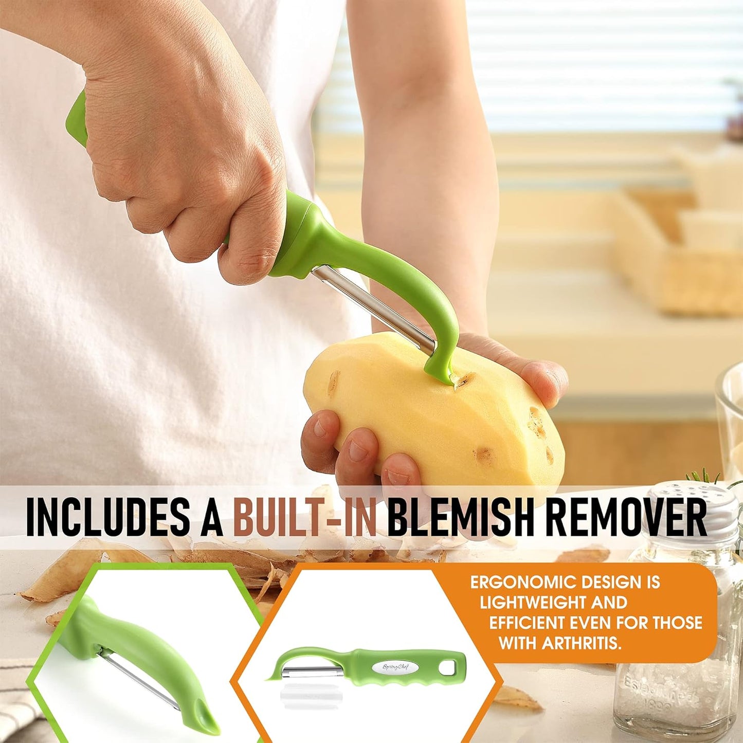 Spring Chef Premium Swivel Vegetable Peeler, Soft Grip Handle and Ultra Sharp Stainless Steel Blades - Perfect Kitchen Peeler For Veggie, Fruit, Potato, Carrot, Apple - Mango