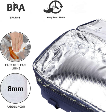 MIER Insulated Double Casserole Carrier Bag for Lasagna Lugger, Potluck Parties, Picnic, Beach, Fits 9 x 13 Inches Baking Dish, Casserole Dish, Expandable, Dark Blue
