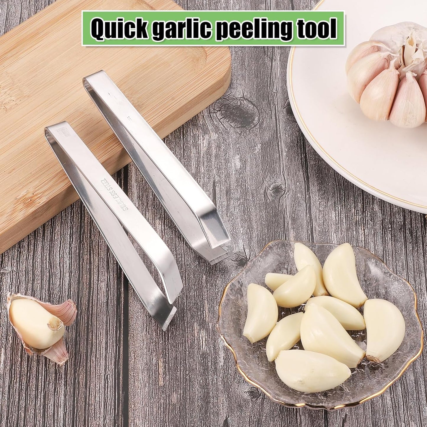 lasuroa 3pcs Stainless Steel Garlic Peeler with Fruit and Vegetable Remover, Garlic Tweezers Garlic Skin Remover Simple Fish Bone Tweezers Portable Garlic Peeling Clips Tool for Cooking Kitchen